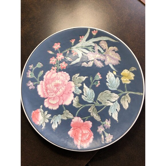 MCM Vintage Asian Floral Charger Plate – Mid Century Modern Hand-Painted Macau - Picture 1 of 8